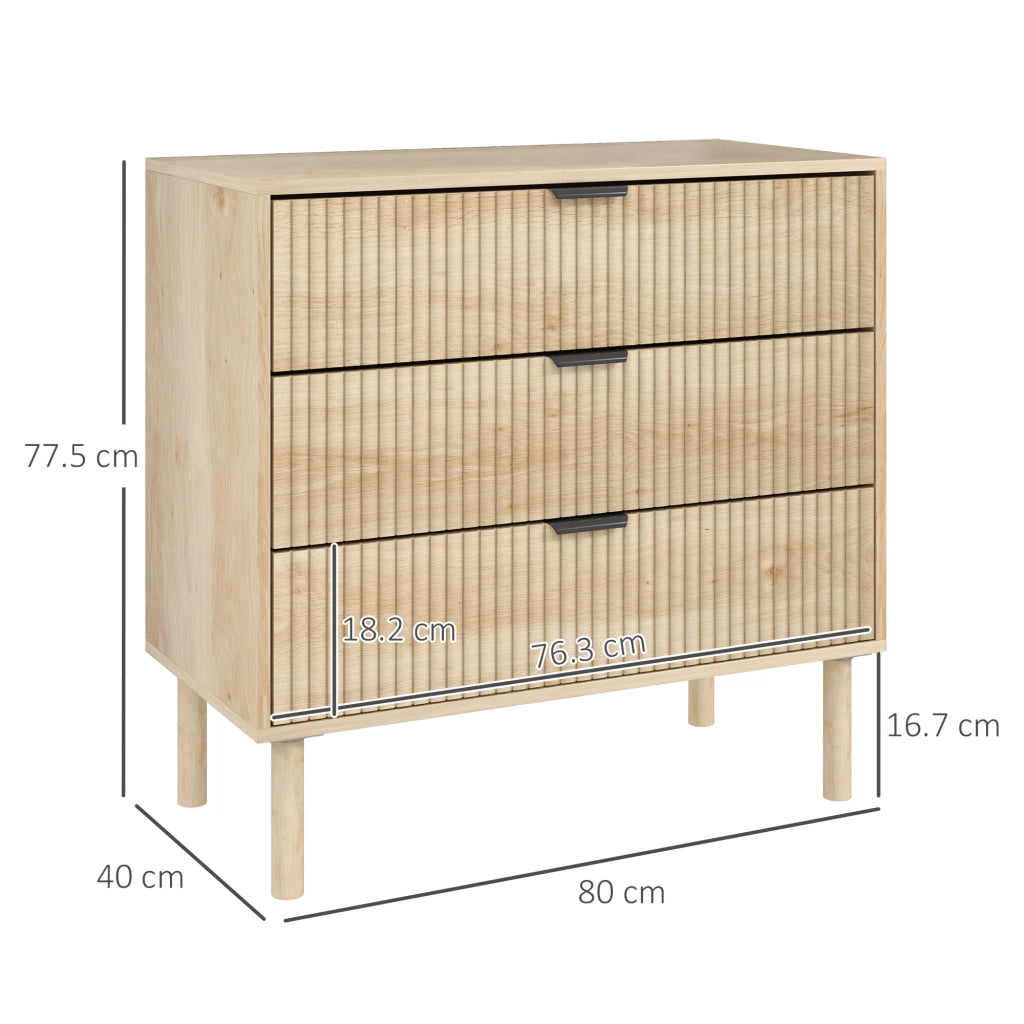 Cassettiera 3 Cassetti in Legno per Camera e Ingresso Stile Nordico, 80x40x77.5 cm, Rovere