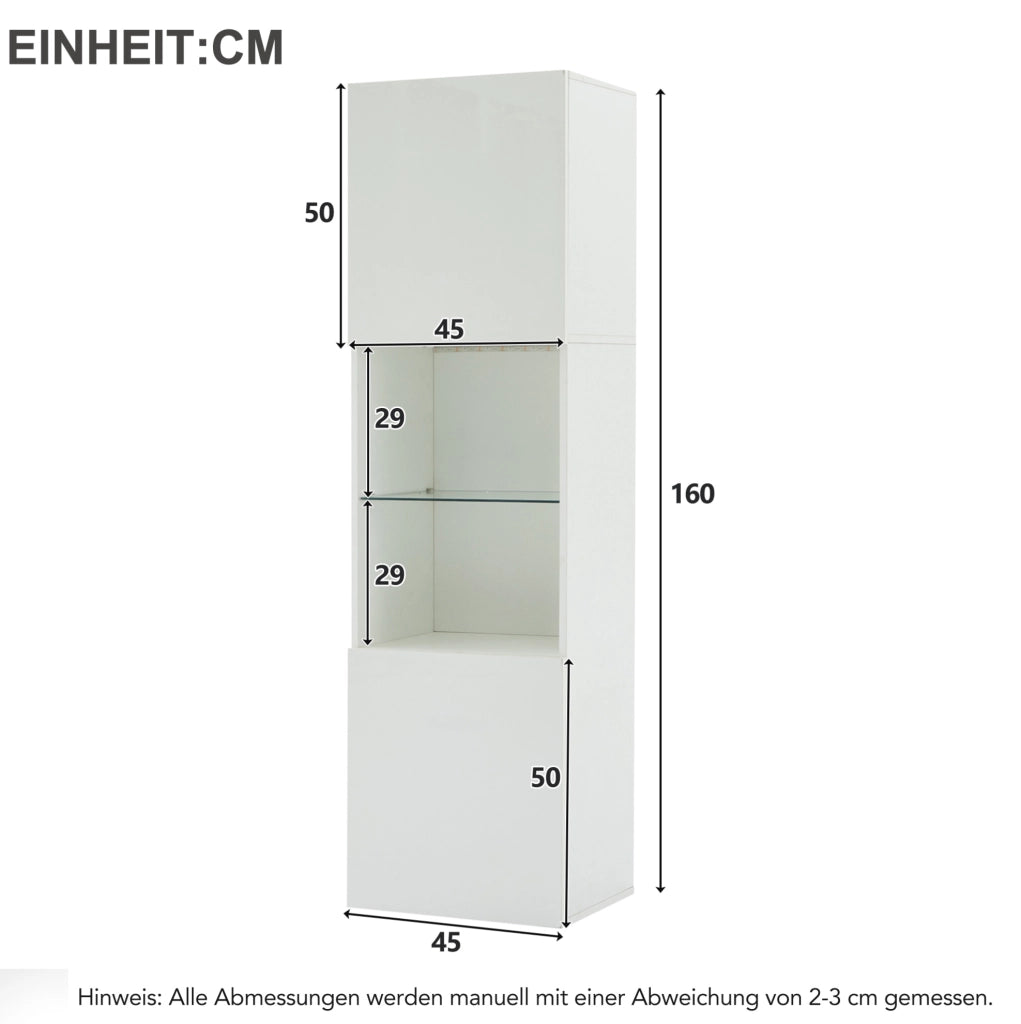 Vetrina 45x35x160 cm con illuminazione LED e 1 ripiano in vetro; truciolato bianco