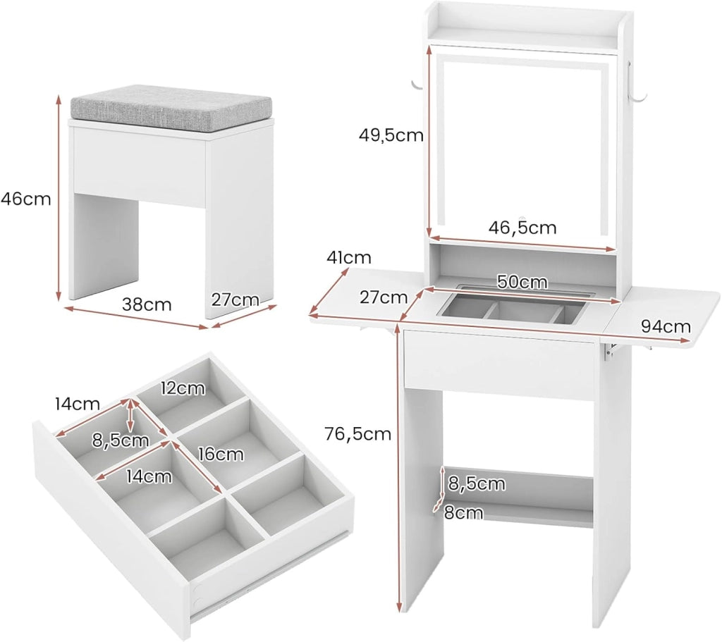 Tavolo da toeletta con sgabello, tavolo cosmetico con illuminazione a LED regolabile e prese, tavolo da toeletta con cassetto, armadio e vano aperto, tavolo da toeletta per camera da letto