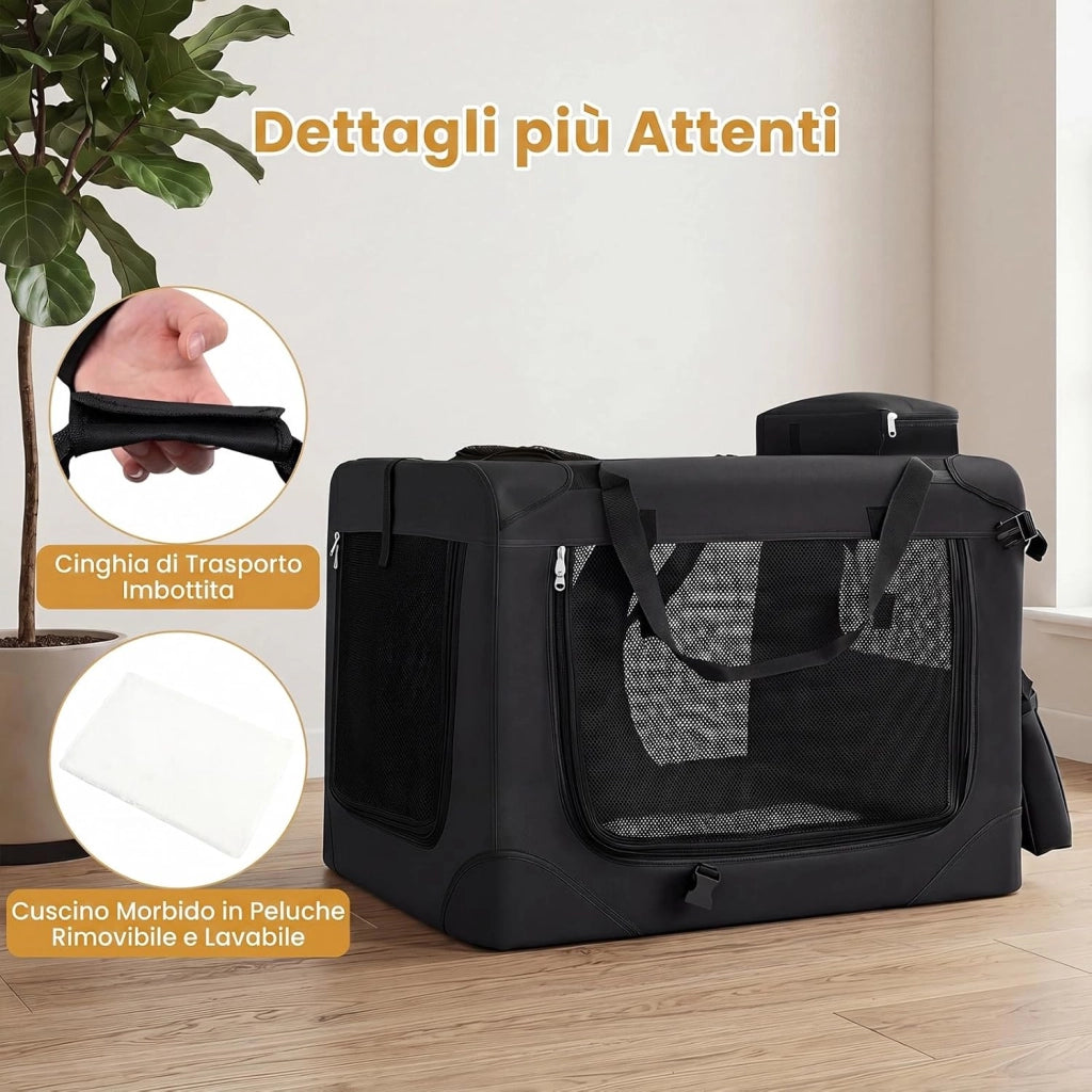 Trasportino per Cani e Gatti, Borsa per Cani Pieghevole e Traspirante con Morbido Cuscino, Parte Superiore Apribile, 2 Tasche Portaoggetti e 2 Manici per Animali Domestici (M,Nero)