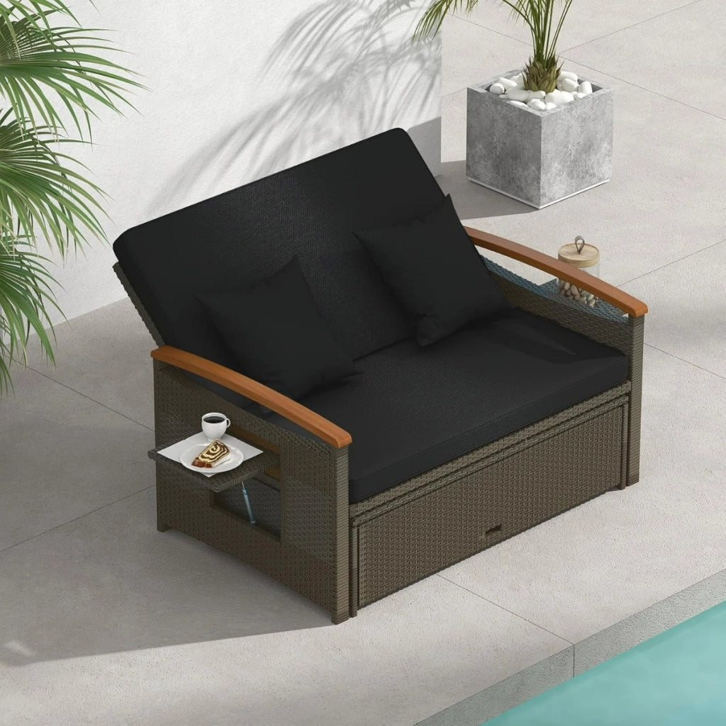Set divano da giardino in rattan con cuscino e panca contenitore, Divano letto da esterno Nero
