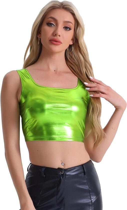 Top da donna metallica senza maniche - verde - senza maniche - luccicante - top da party - abbigliamento da club - senza vita - stile trendy e elegante