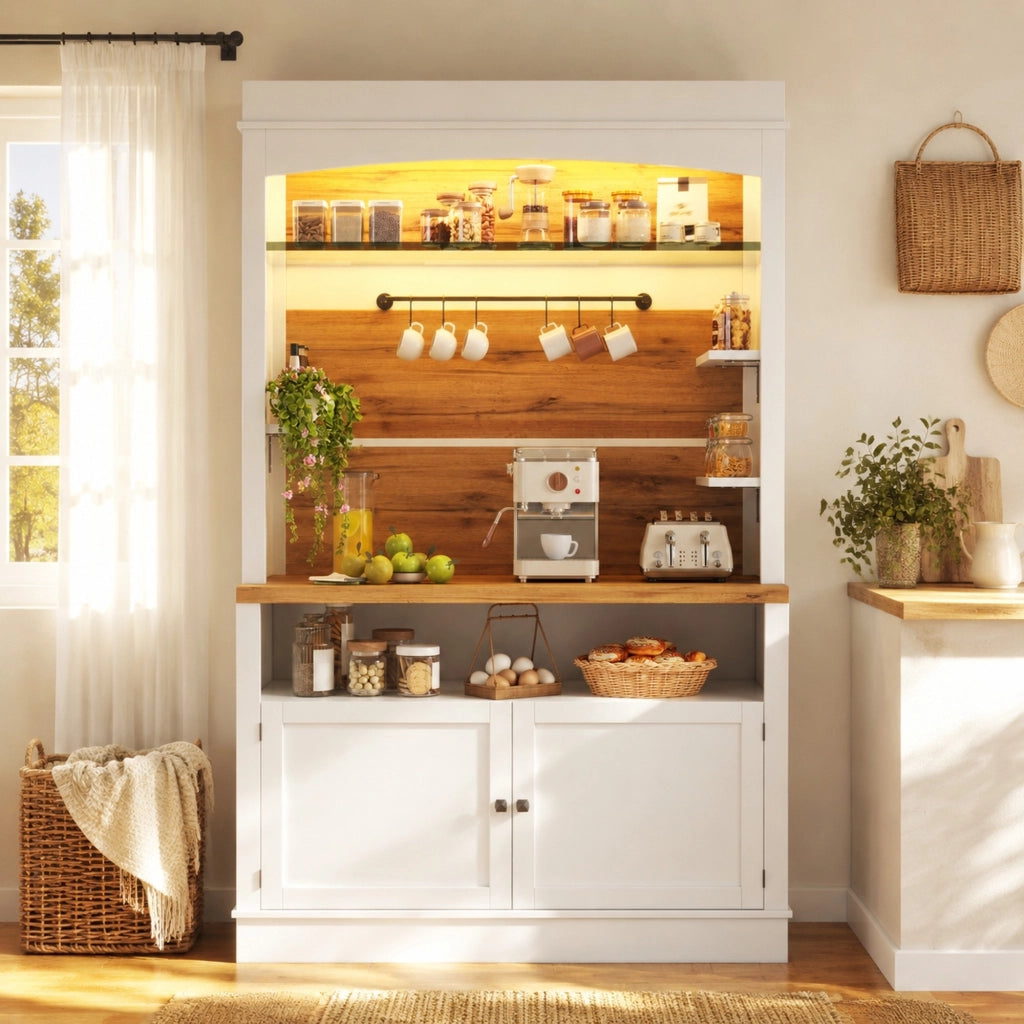 Mobile alto da cucina 107x34x184 cm con LED RGB, ripiani e 6 ganci bianco HAVRYA