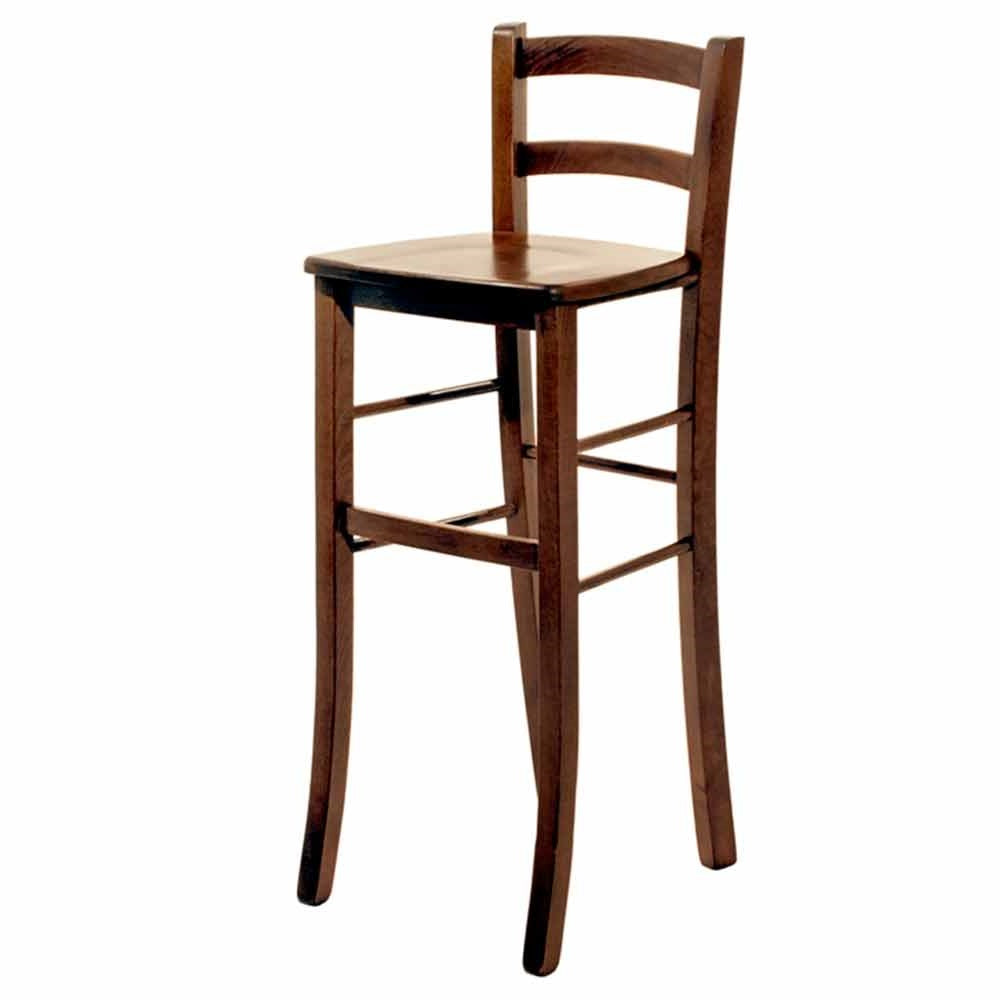 Sgabello bar con schienale h 80cm con seduta in legno massello noce scuro