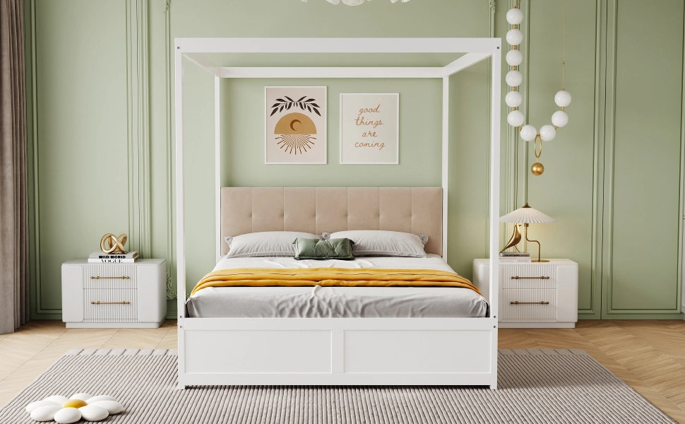 DESMIU Letto a capanna letto matrimoniale con 2 cassetti e testiera imbottita 140 × 200 cm senza materasso