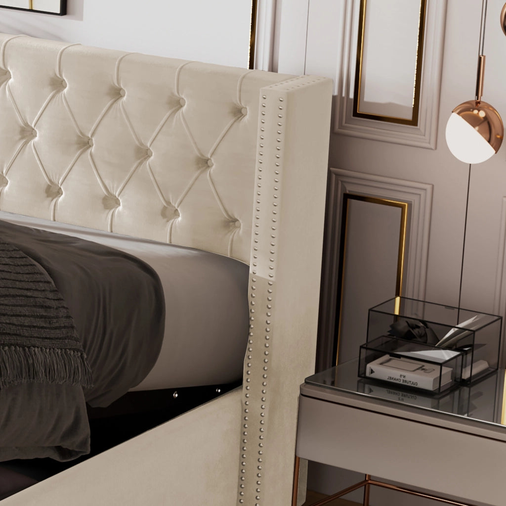 Letto matrimoniale contenitore 160x200 cm in velluto beige stile Chesterfield