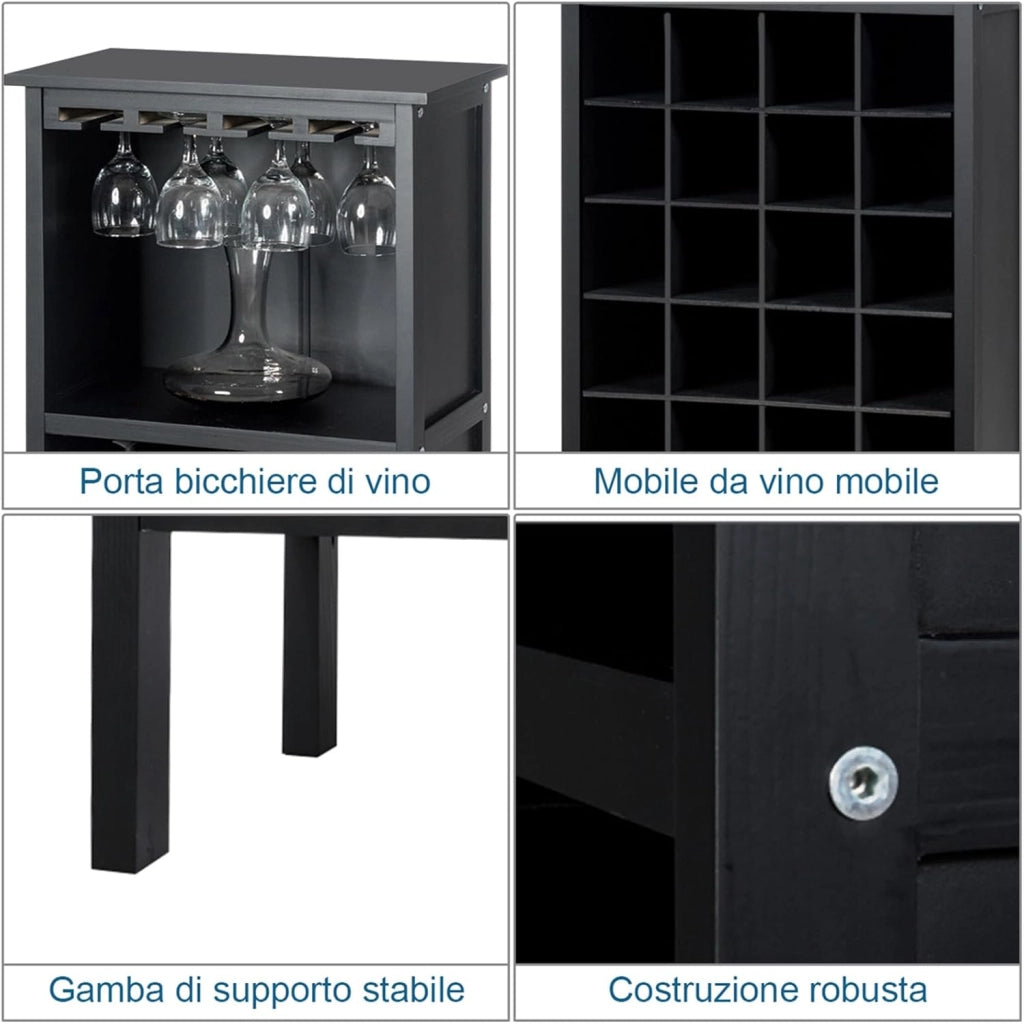 Cantinetta Portabottiglie in Legno, Scaffale per Vino con Portabicchiere/Calici, Portavino per 20 Bottiglie e 4 Calici, 42 x 24,5 x 96 cm (Nero)