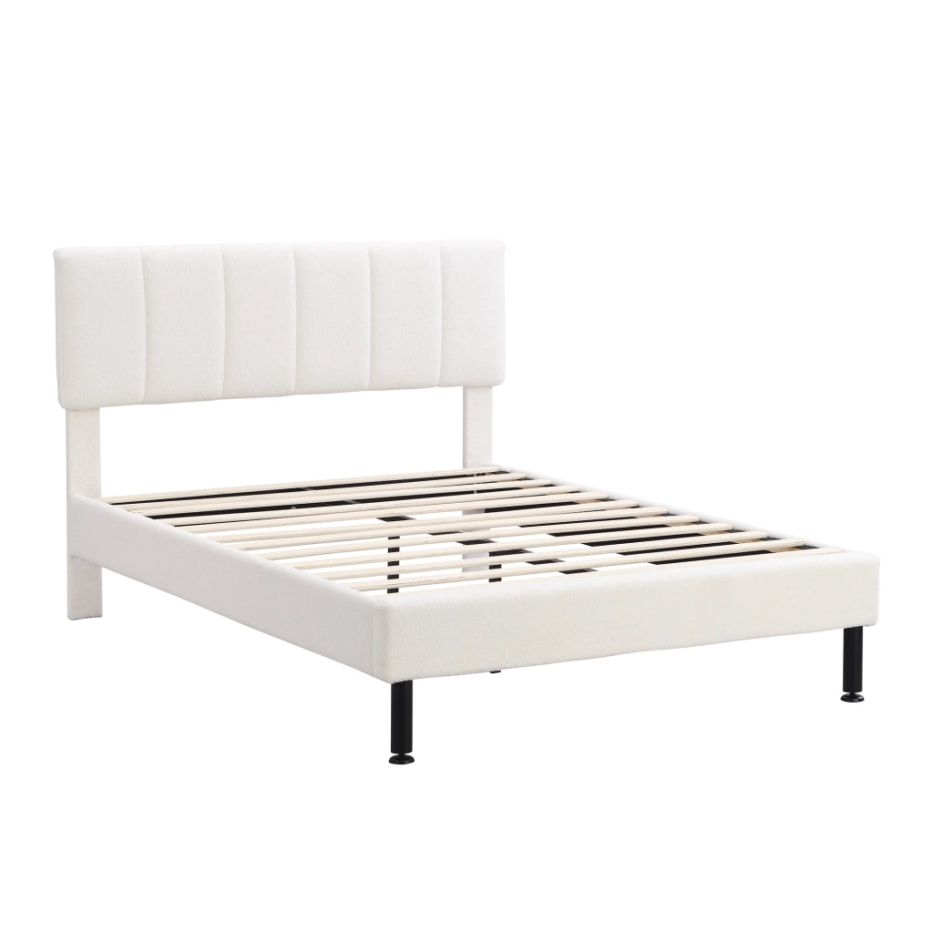 Letto imbottito 140x190 cm in Sherpa beige con rete a doghe e piedi in ferro