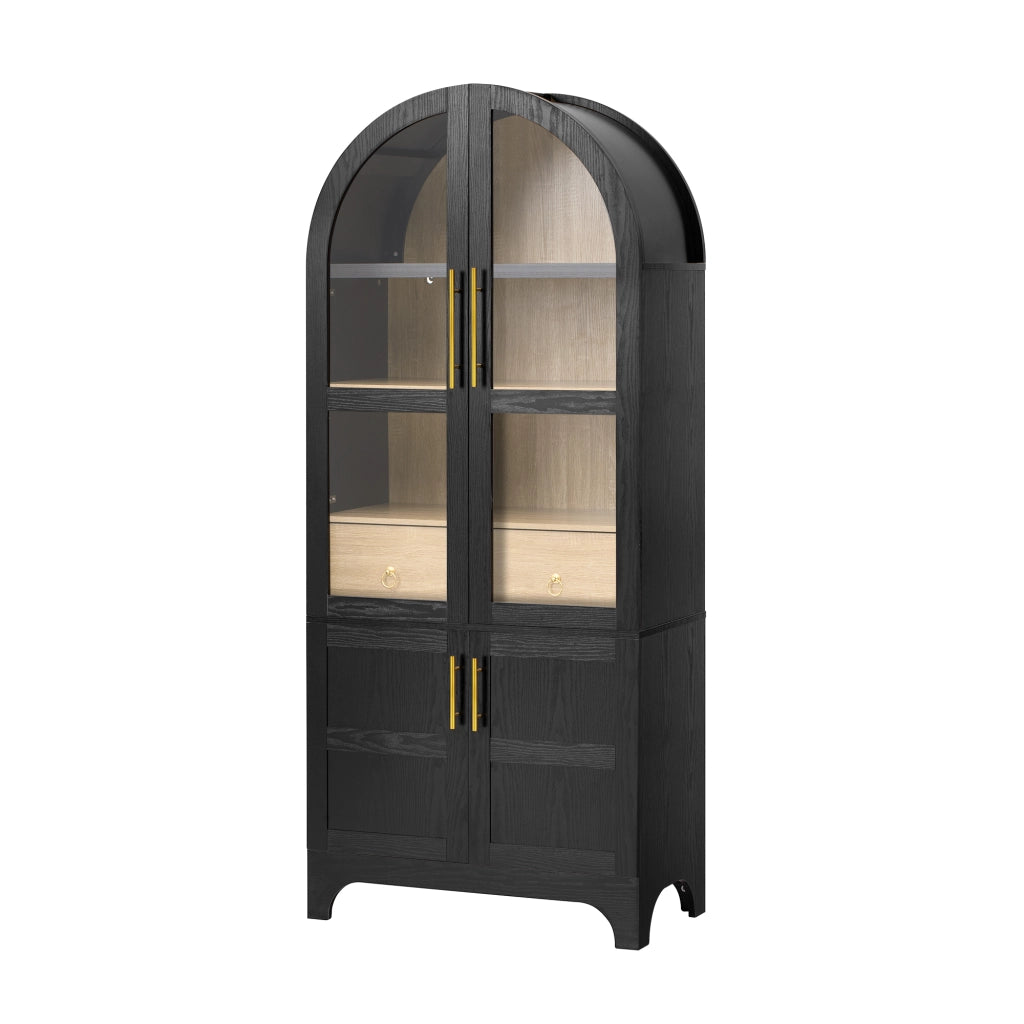 Credenza Alta Nera 180 cm con Ante in Vetro Cannelé; Ripiani Regolabili e Cassetto Portaoggetti per Cucina