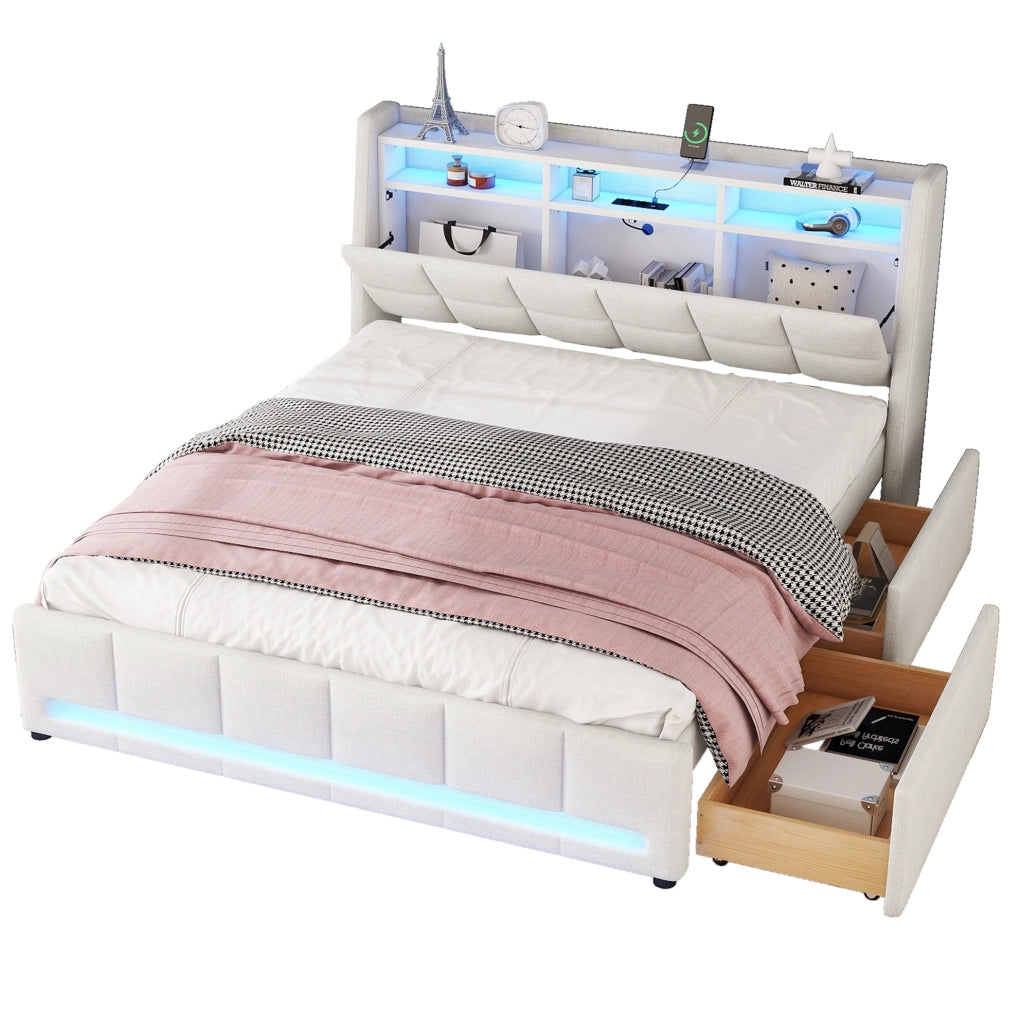 Letto imbottito 140x200 cm in lino e MDF beige; con LED APP; USB; cassetti e vani contenitore