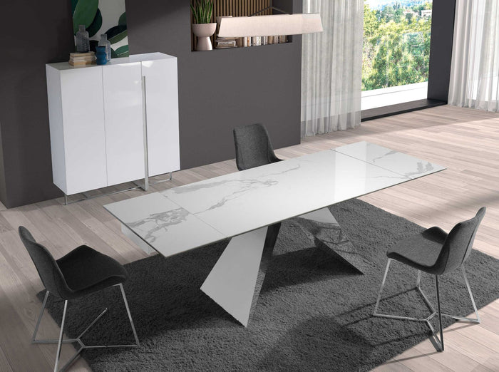 Credenza alta in legno bianco e acciaio cromato