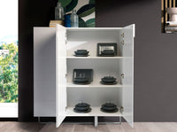 Credenza alta in legno bianco e acciaio cromato