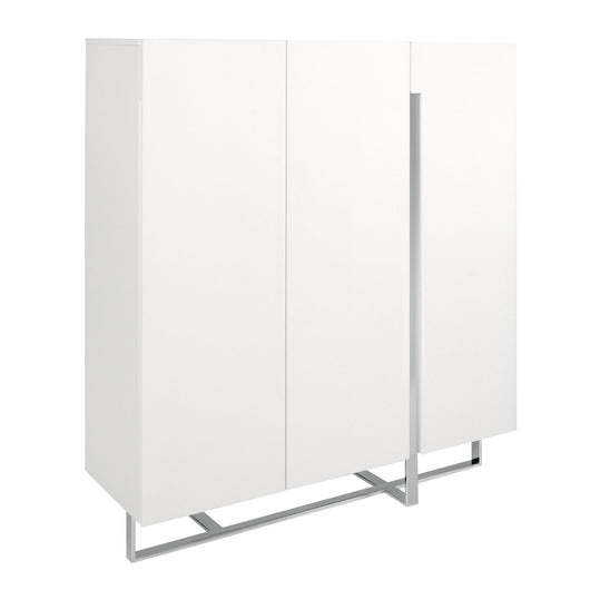 Credenza alta in legno bianco e acciaio cromato