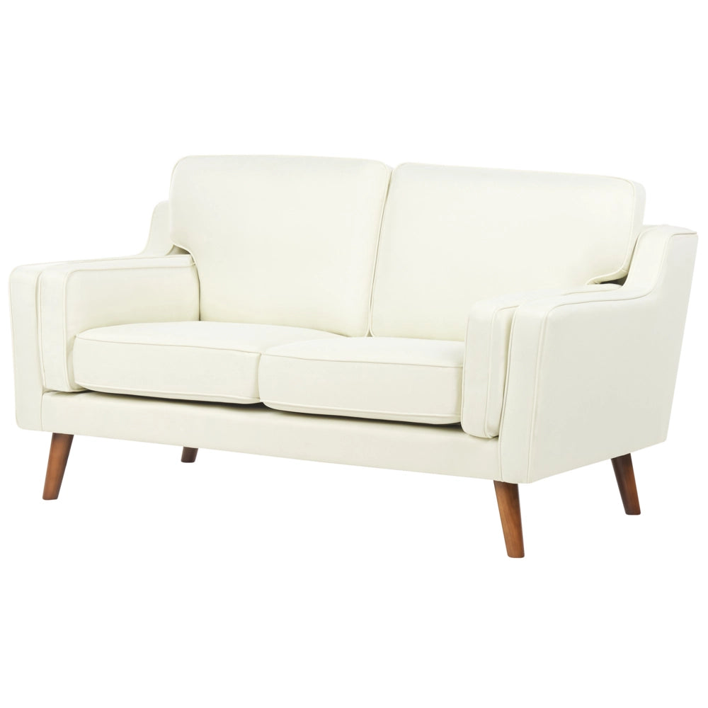 Divano moderno a 2 posti imbottito in tessuto bianco sporco e gambe in legno stile classico e moderno