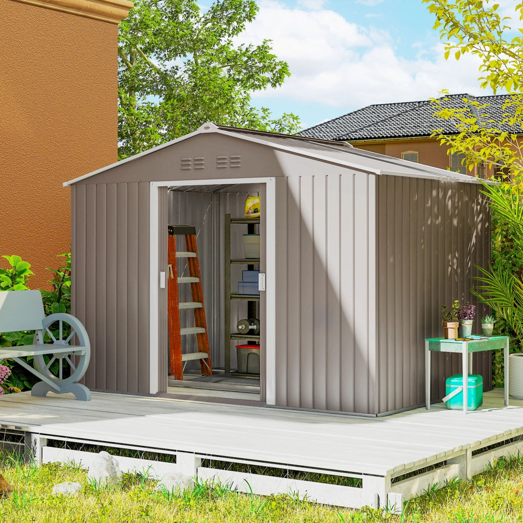 Casetta da giardino in metallo con porte scorrevoli e finestre ¨C Xylo ¨C 277x195x192 cm grigio chiaro