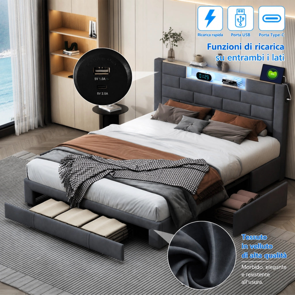 Letto matrimoniale 140x200 cm velluto grigio, testiera con vano portaoggetti, porte USB, luci RGB‑LED controllabili da app e telecomando, 3 cassetti contenitore