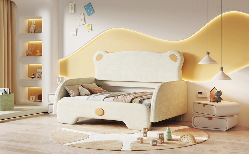 Letto matrimoniale forma orso imbottito velluto beige 140x200 cm