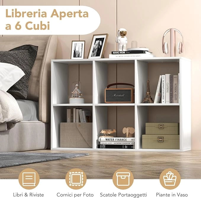 Scaffale Multiuso con Retro Aperto, Mobiletto Espositore Moderno a 2/3/4/6 Cubi con Kit Anti-Ribaltamento, Libreria Autoportante per Camera da Letto Soggiorno Studio (6 cubi)