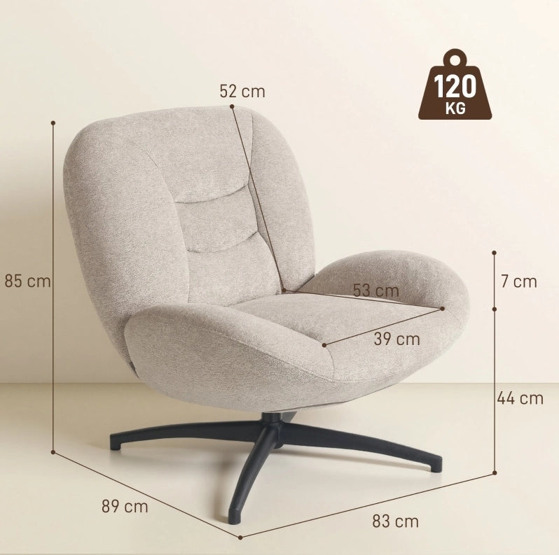 Poltrona girevole in ciniglia color crema con base in acciaio
