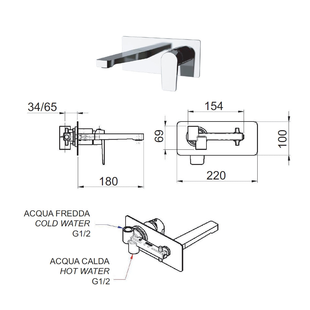 Miscelatore da parete per lavabo serie dream