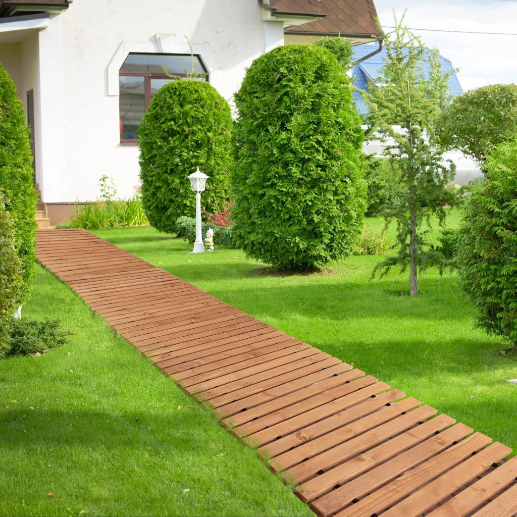 Passerella da Giardino Arrotolabile 245 cm, Sentiero da Prato in Legno di Abete con Cavi in Acciaio, Percorso da Prato Antiscivolo per Cortile e Spiaggia (Marrone, 245 x 43 cm)