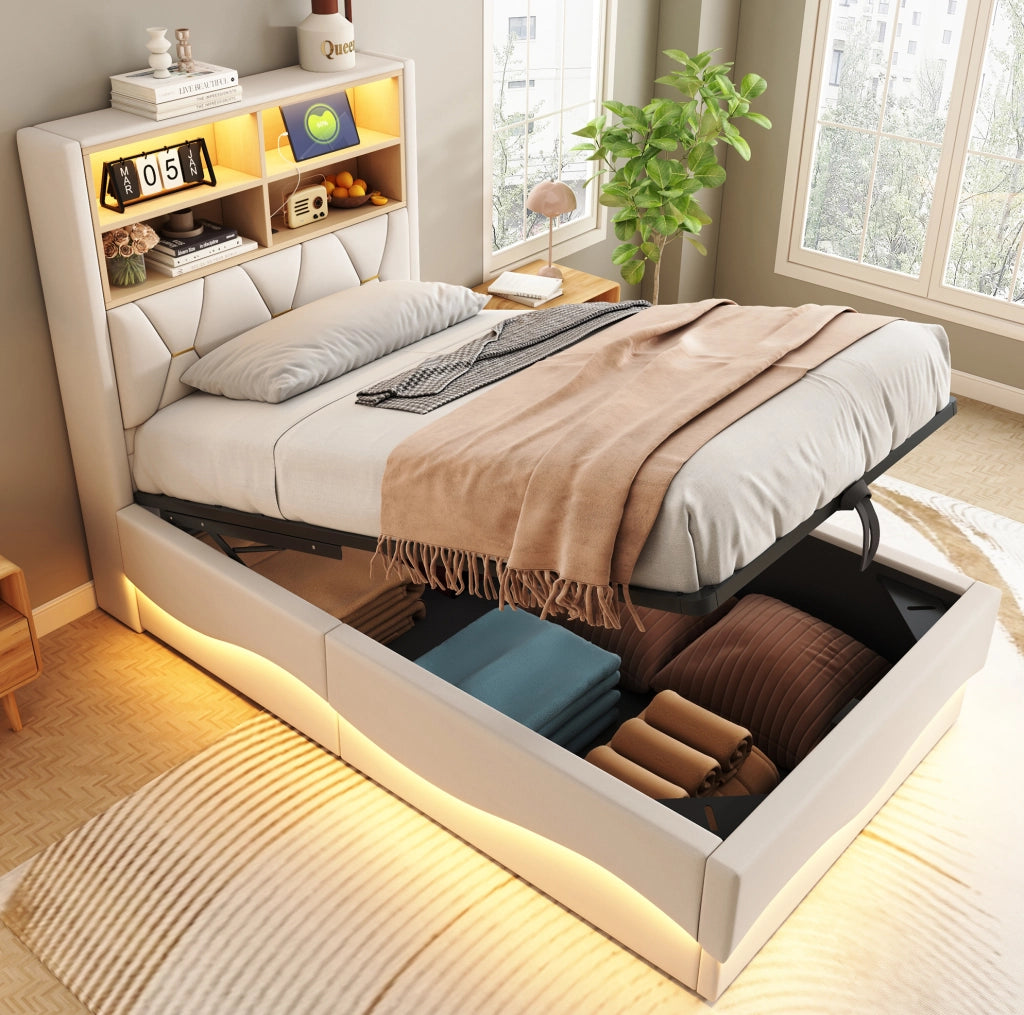 Letto multifunzione per bambini e ragazzi 90x200 cm con LED; USB e contenitore; beige