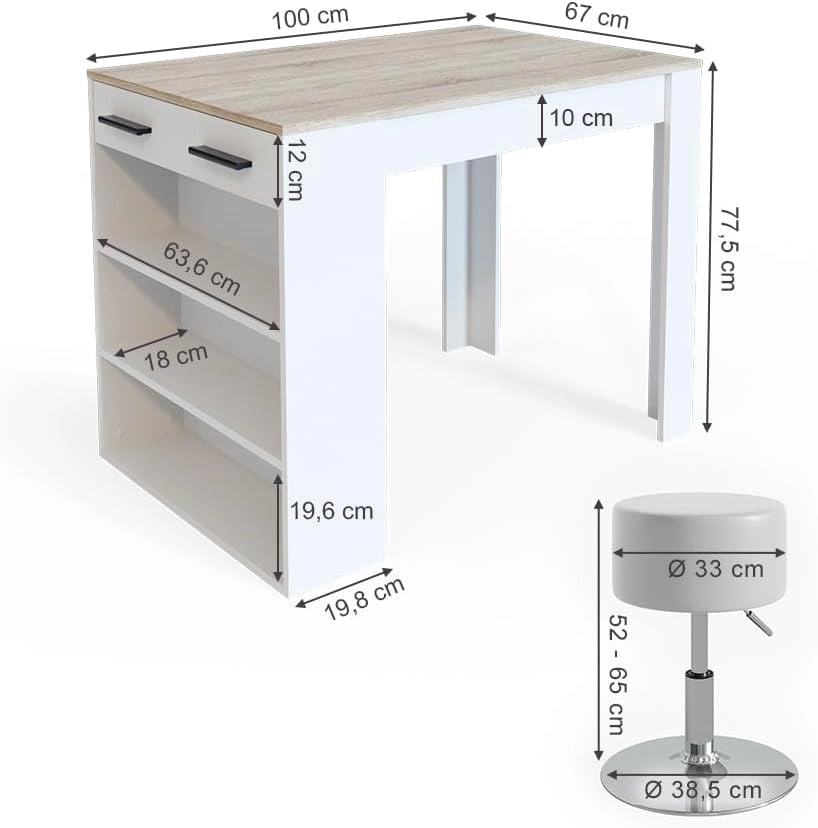 Set tavolo da pranzo Repose, Sonoma/Bianco, 67 x 100 cm con 2 sgabelli, adatto come piano di lavoro o area di appoggio aggiuntiva