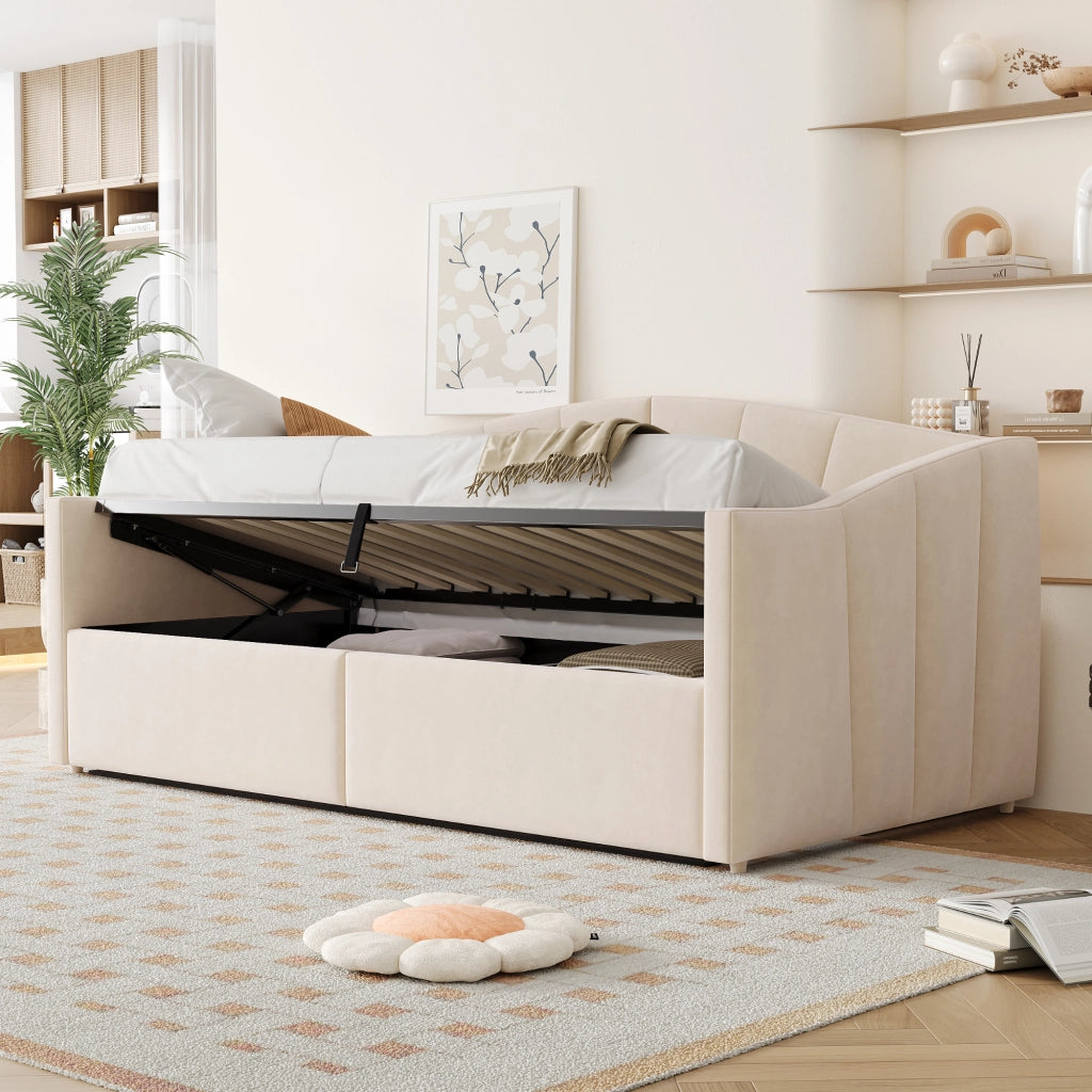 Letto sofà con contenitore in velluto beige 90x200 cm