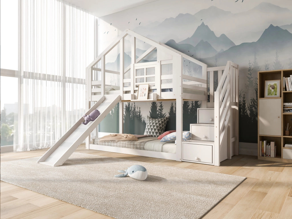 DESMIU Litto a castello bambini 90 × 200 cm con scivolo, vani e barriere, senza materasso, bianco