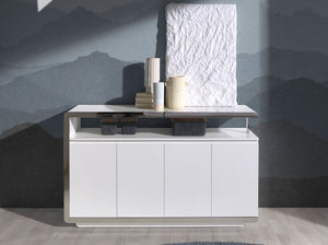 Credenza legno bianco e base in acciaio cromato