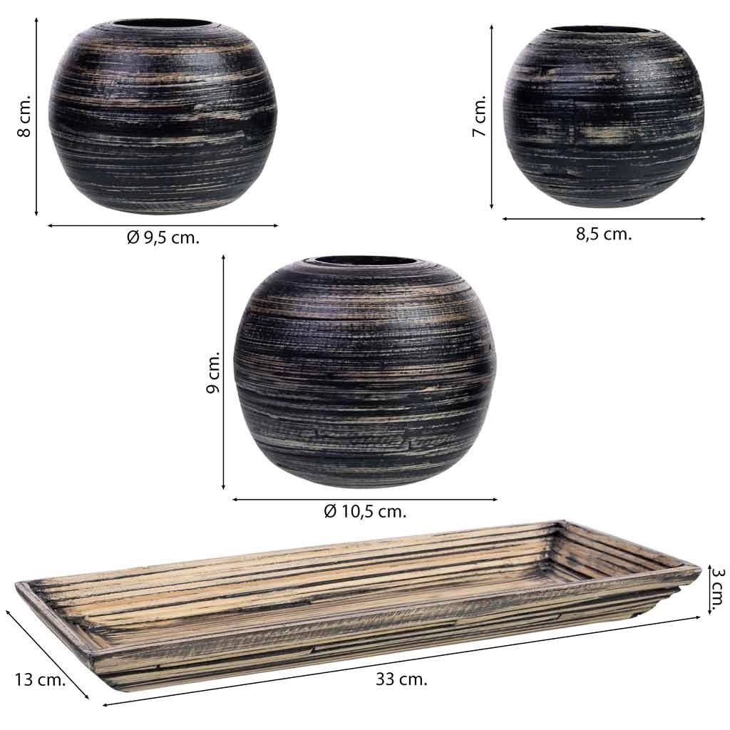 Set vassoio e 3 portacandele in legno di bamboo nero 33x13x3h cm