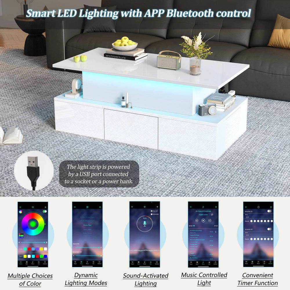 Tavolino da Caff¨¨ Sollevabile con LED e Cassetti ¨C MINIMAL ¨C Bianco, MDF, 100x50x40