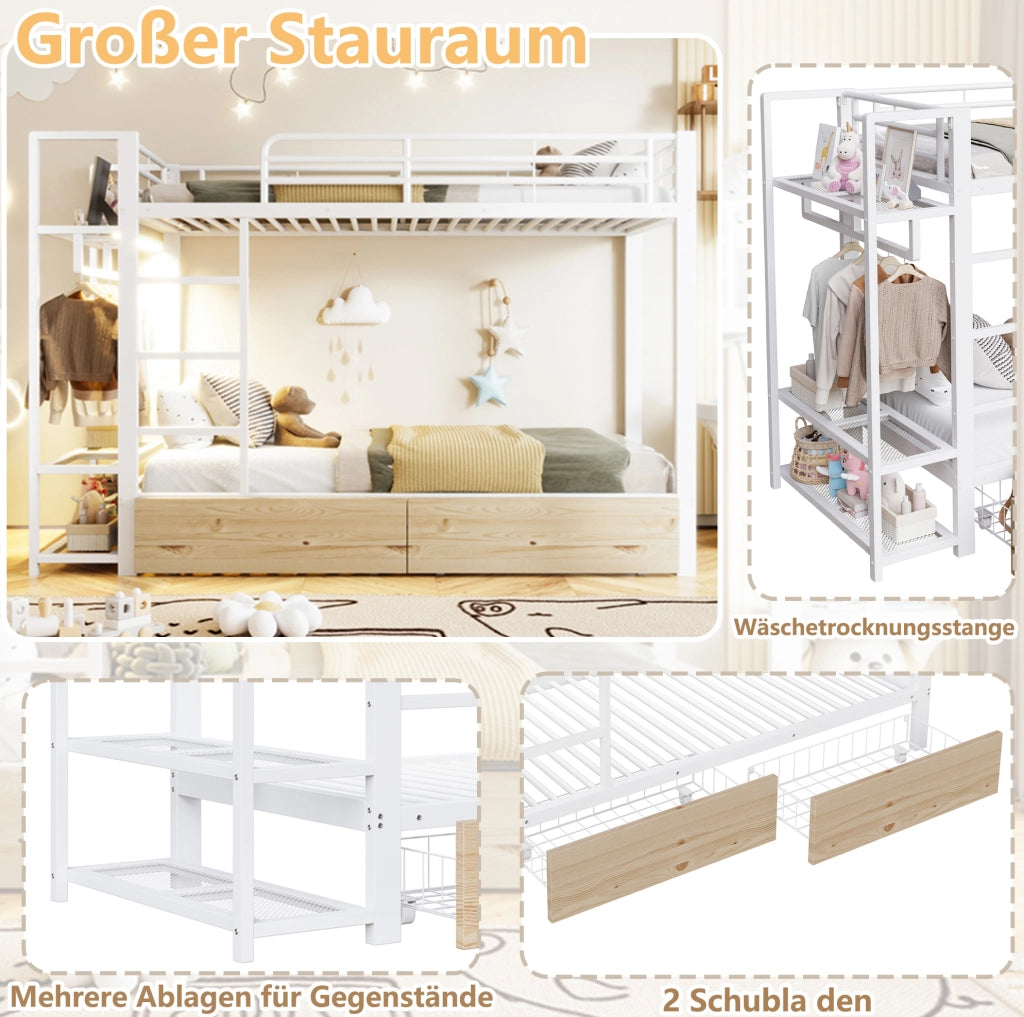 Letto a castello 90x200 cm con LED, cassetti e ripiani bianco