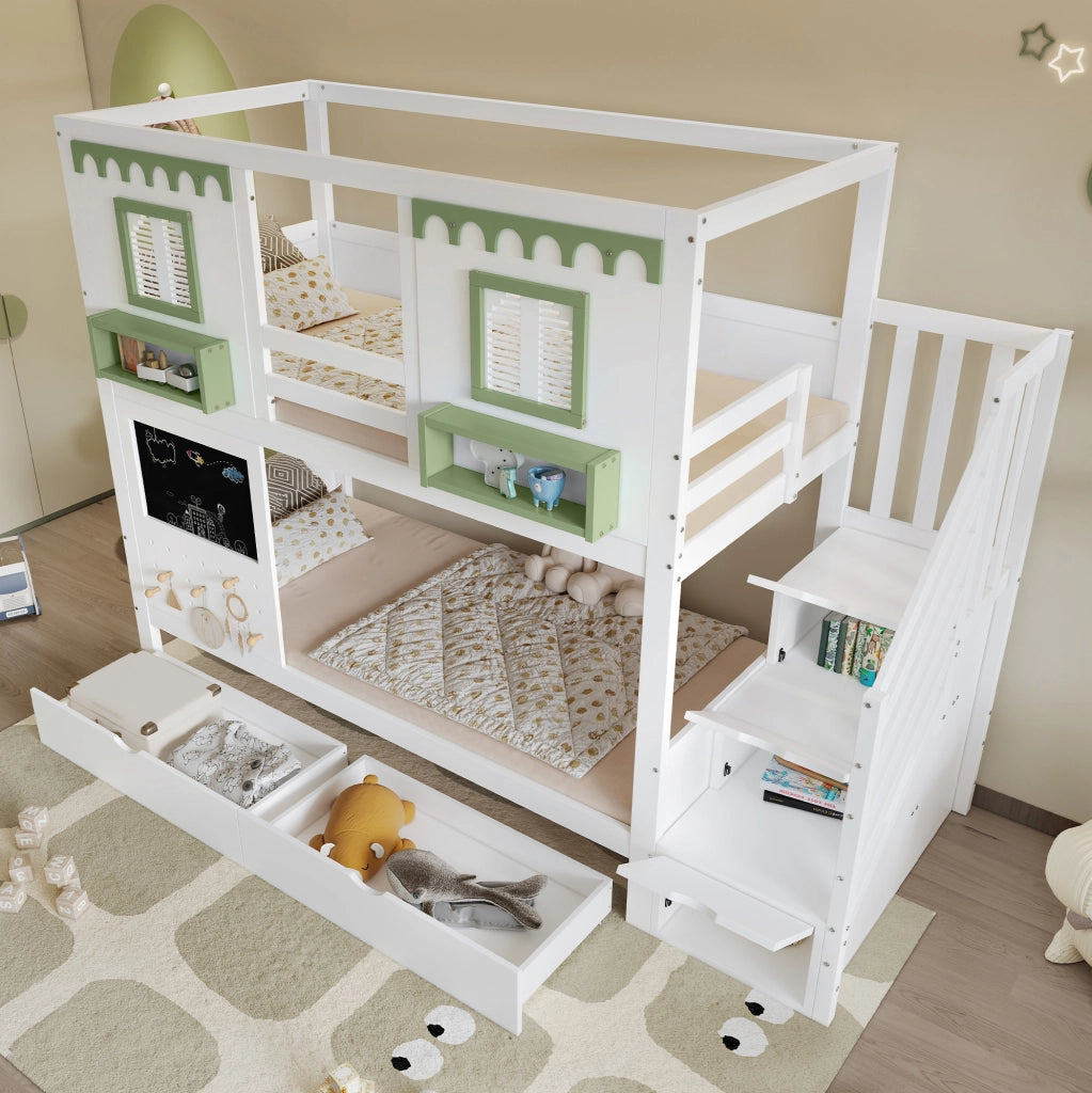 LETTO A CASTELLO 90x200 cm Bianco/Verde in legno e MDF