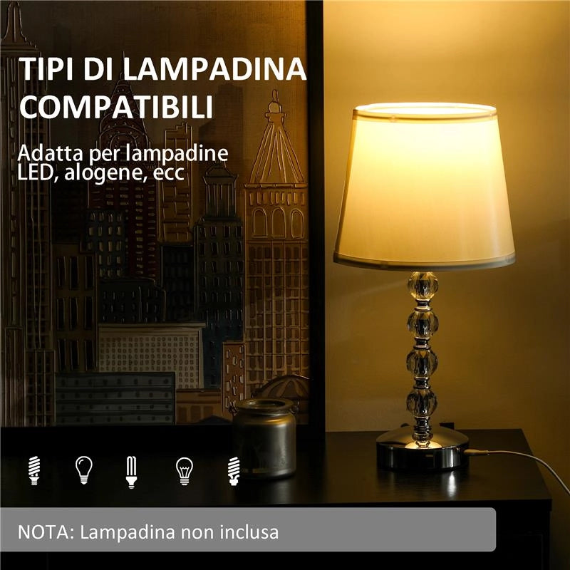 LAMPADA DA TAVOLO CON CRISTALLI E PORTA USB IN METALLO VETRO E POLIESTERE Ø 23X45 CM BIANCO E ARGENTO