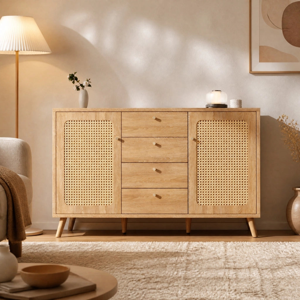CREDENZA 140x40x86 cm Rovere Chiaro Effetto Rattan 4 Cassetti 2 Ante