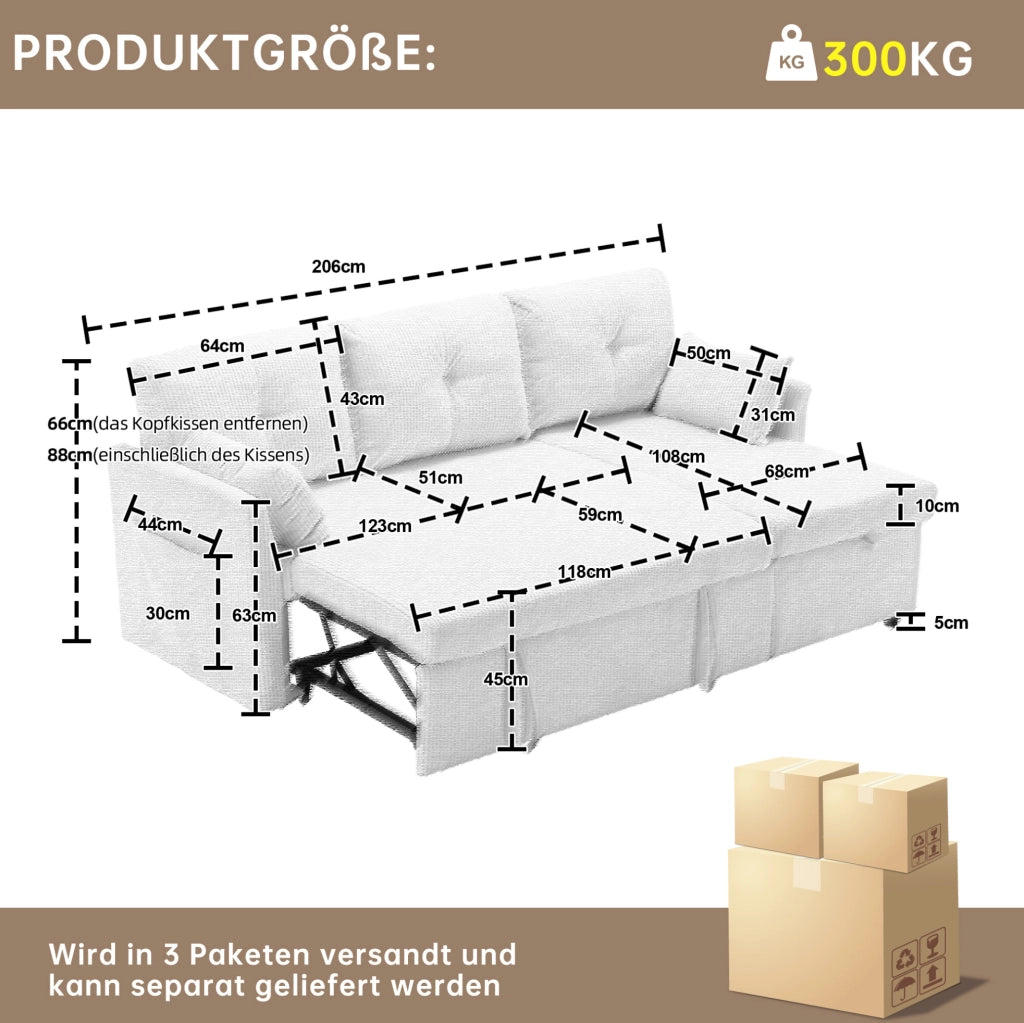 Divano letto modulare beige in velluto a coste con contenitore