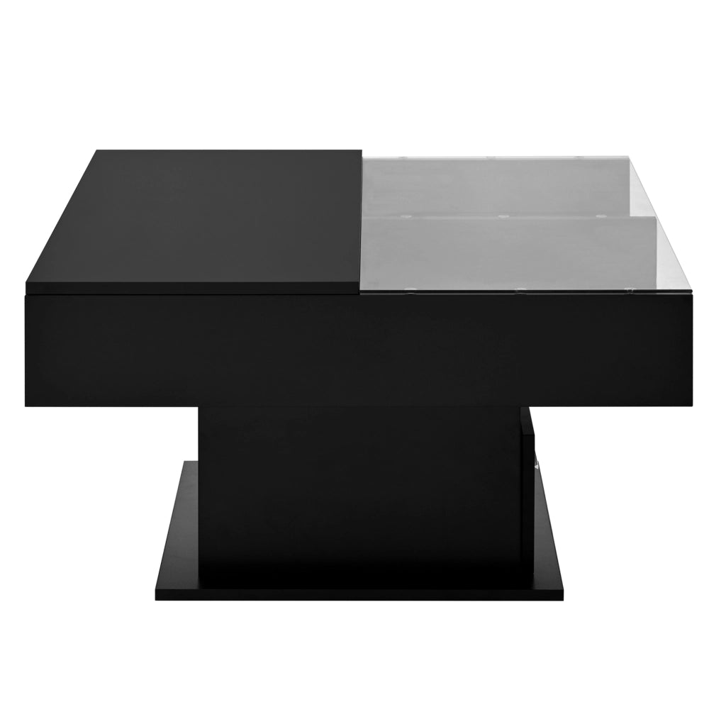 Tavolino da salotto sollevabile quadrato 78x78 cm; nero; in truciolare con LED e spazio contenitivo