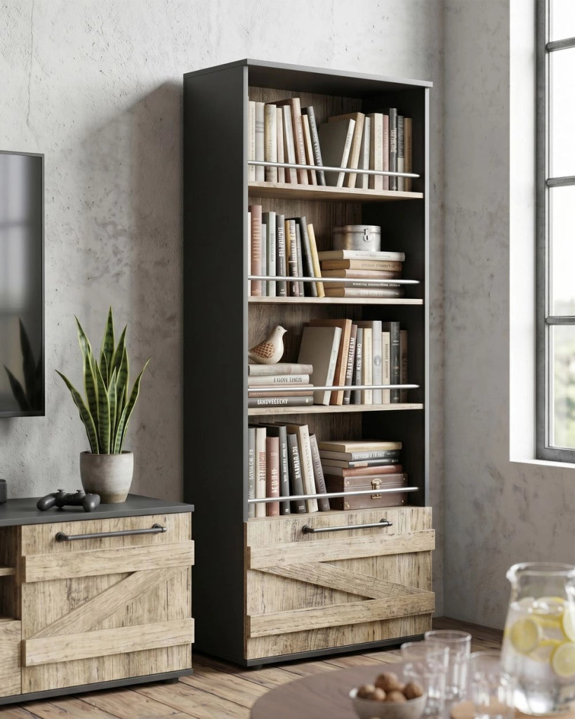 Libreria in legno chiaro e truciolare di color nero 163 cm design rustico soggiorno