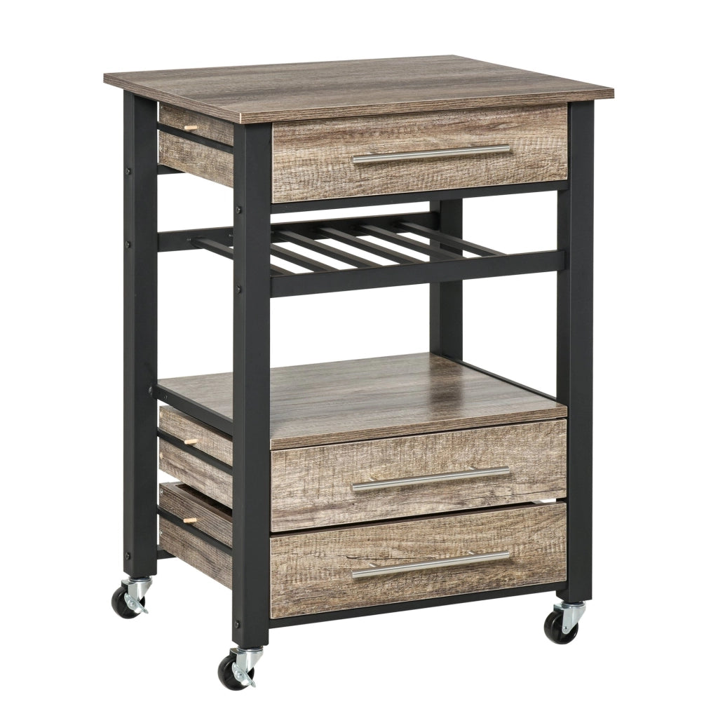 Easycomfort Carrello da Cucina Portavivande con 3 Cassetti e Mensola, Mobiletto Multiuso in Legno Truciolare, 60x50x84.5cm, Quercia