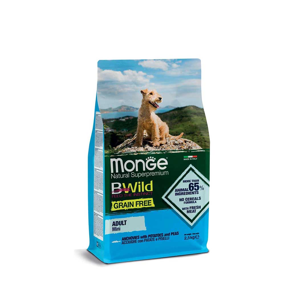 Monge Bwild Dog Grain Free Adult Mini con Aggiughe, Patate e Piselli 2,5kg
