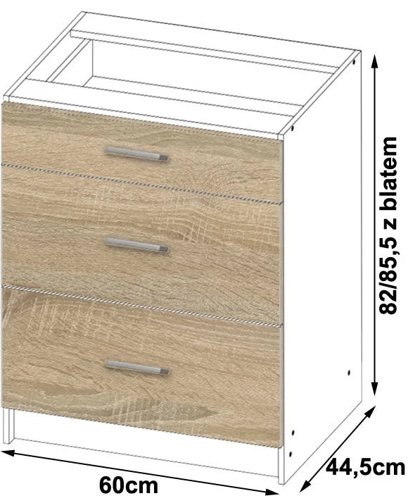 Mobile cucina modulare con piano di lavoro AKORD LIMA Bianco 60 cm 3 cassetti inserto frontale Sonoma Quercia 60x44,5x82 cm