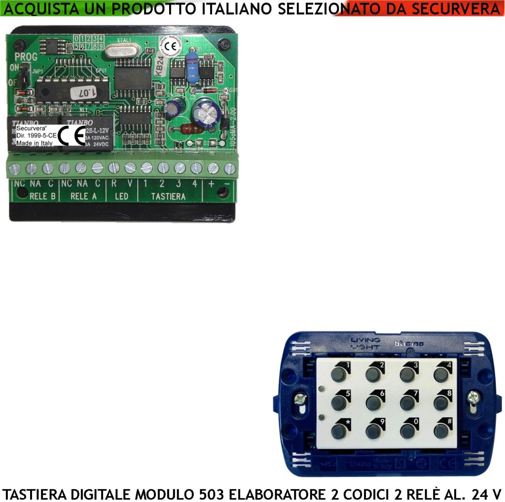 Tastiera da Incasso Elettronica Digitale Per Modulo 503 Kit Elaboratore Remoto Gestisce 2 Attivazioni Antifurto Alimentazione 24 Vcc Codici DTMF 6 Cifre 2 Led e 2 Relè Con Funzioni Programmabili IP44