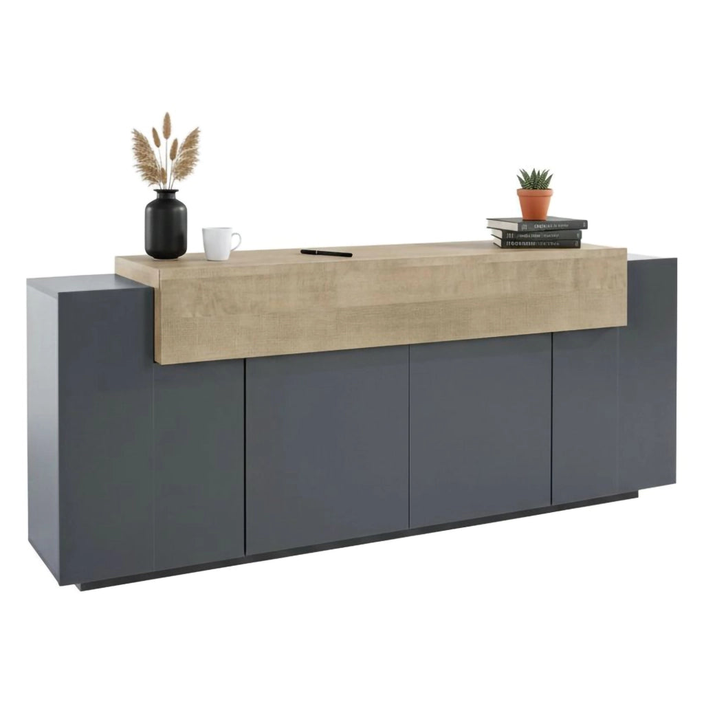 Credenza Discordia, Madia da cucina a 4 ante, Buffet da soggiorno, 100% Made in Italy, cm 220x45h86, Antracite e Acero