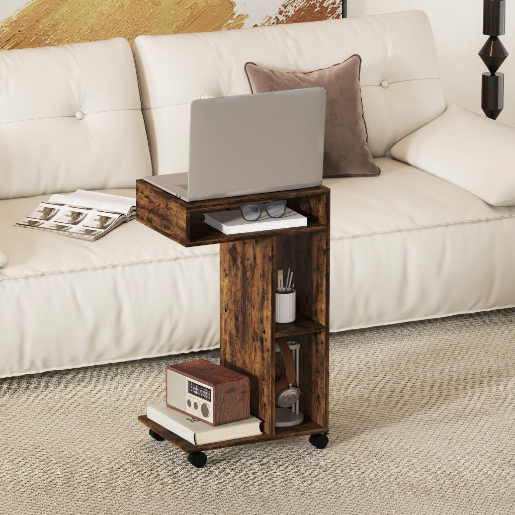 Tavolino da soggiorno con rotelle e ripiani ¨C Zephmum ¨C Rustico marrone 40x30x69 cm