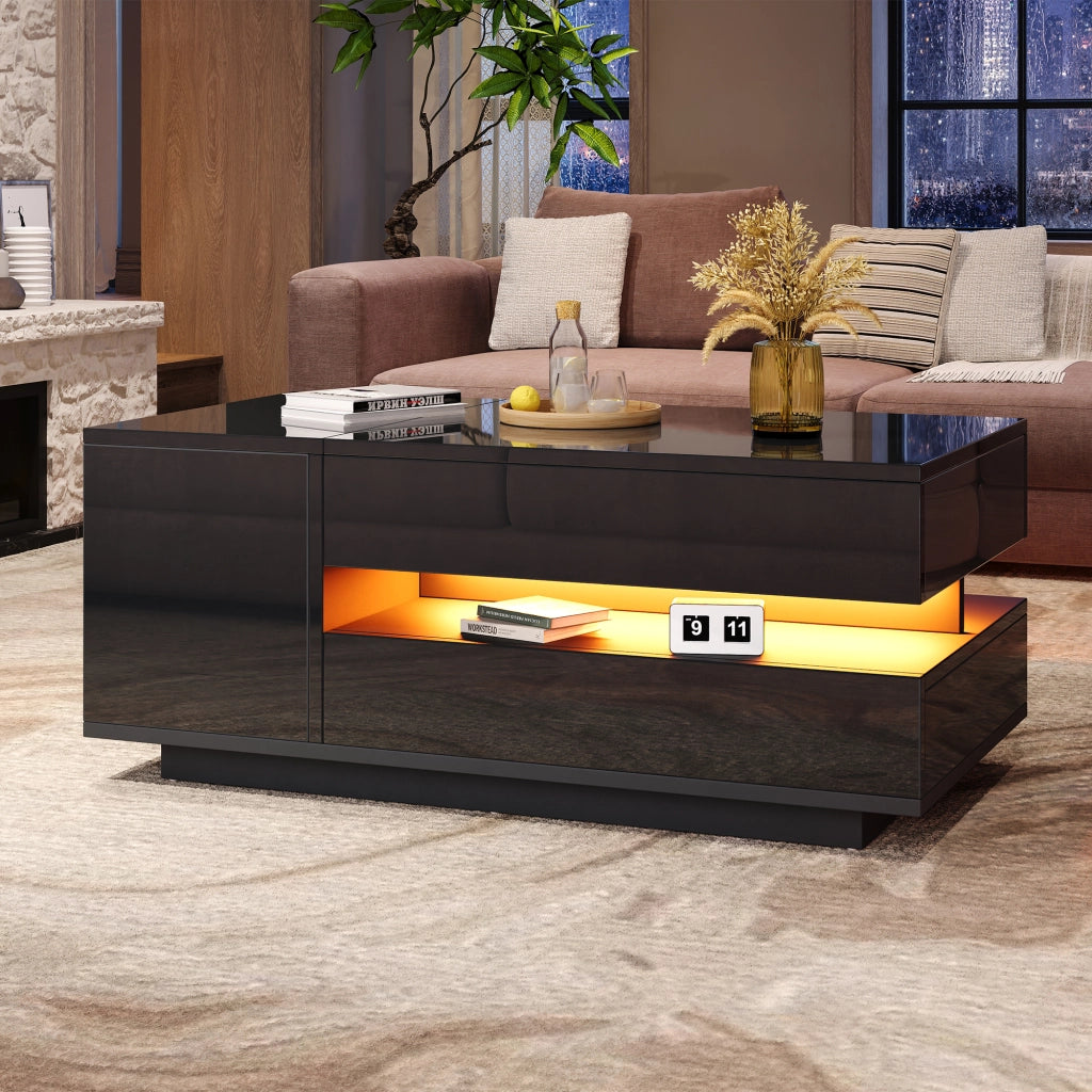 OKWISH Tavolino da Salotto Alzabile Moderno con 1 Cassetto, 1 Anta e Vano Aperto, LED, per Soggiorno, Nero, 95×50×40 cm