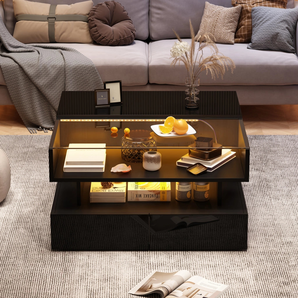 Tavolino da caffè 80x80x45 cm; alzabile con vano nascosto e LED; pannello truciolare e vetro temperato nero