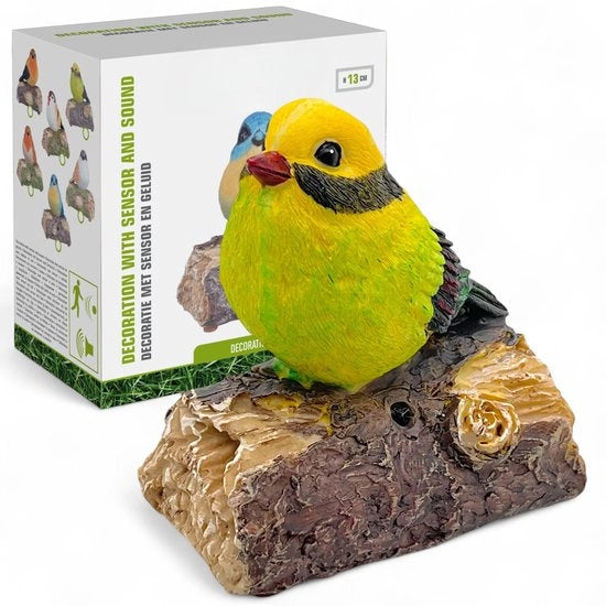 Decorazione animata da uccello - Con sensore di movimento e suono di uccello - Giallo-verde - Decorazione naturale - Adatto per interni -...