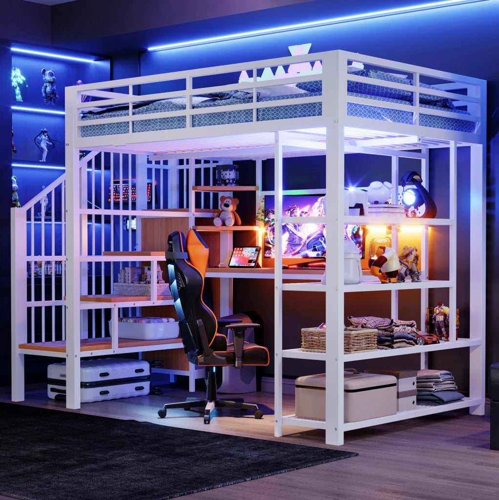 Letto a soppalco 140x200 cm con scrivania; LED; prese integrate; scala contenitore e scaffale; bianco