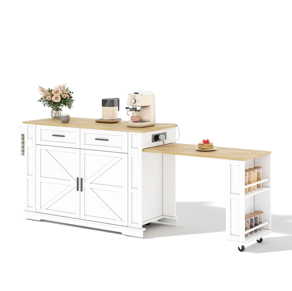 Isola cucina mobile con piano estraibile 130/205 x 50 x 93 cm; MDF; naturale e bianco